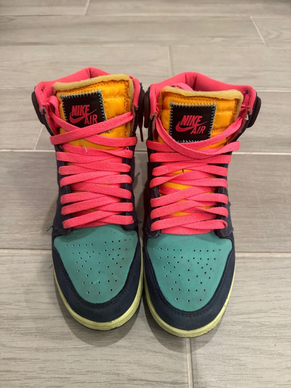Air Jordan 1s High-Top Sneakers in Teal, Pink & Yellow
